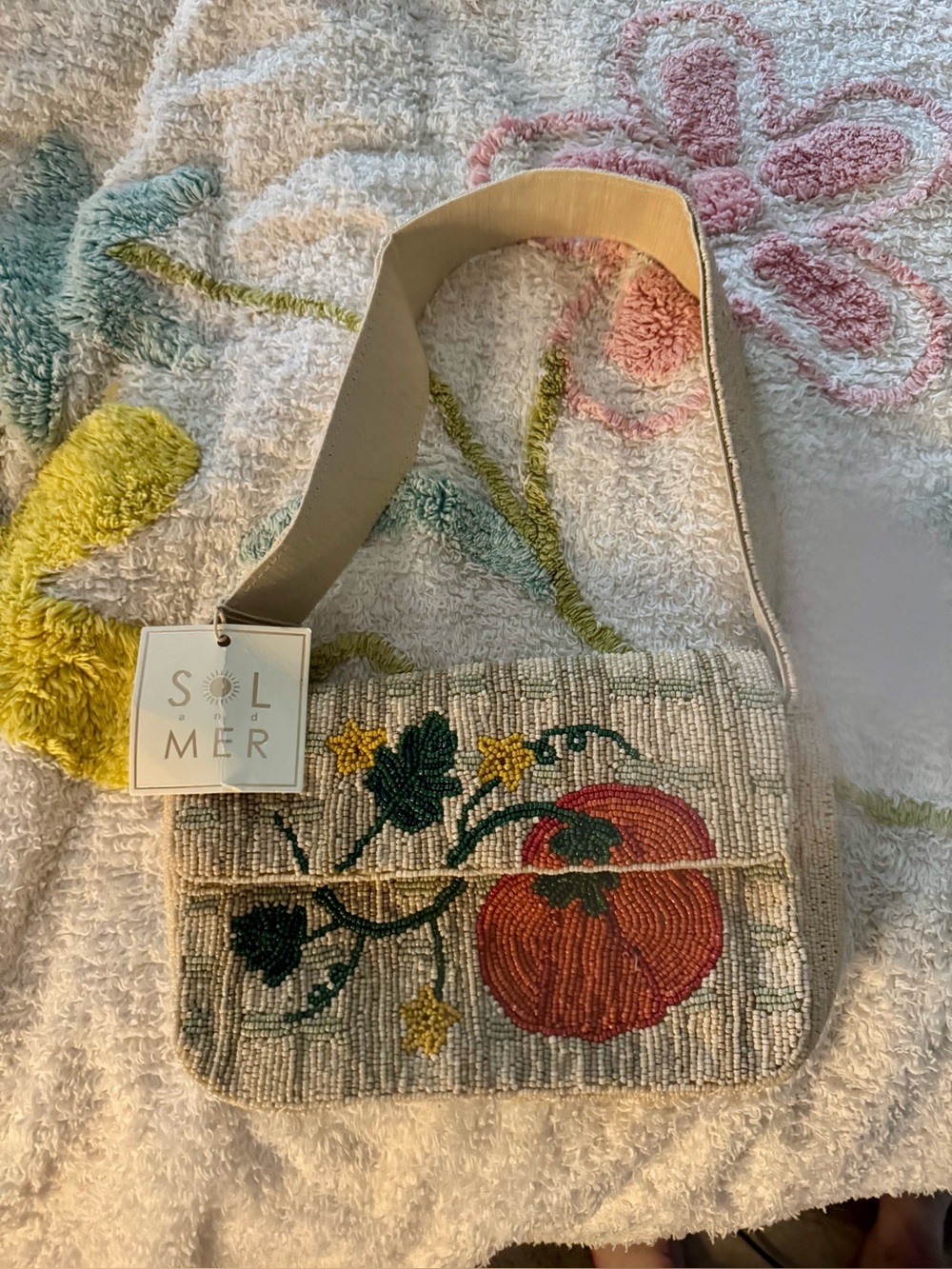 NWT Sol & Mer Fully Beaded Pumpkin Vine Shoulder Bag Cream Autumn Flap Purse